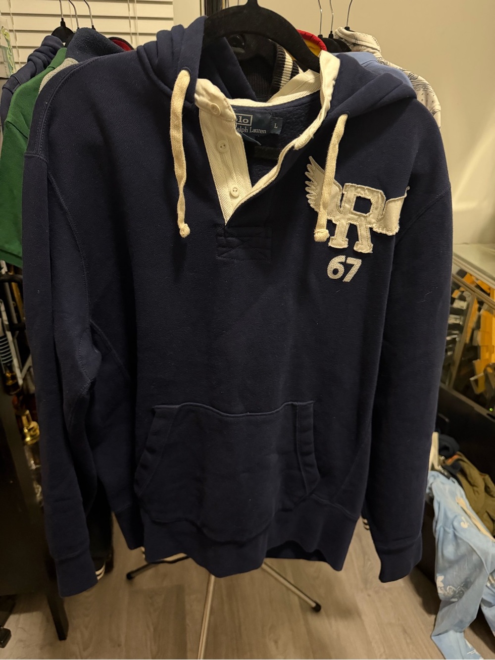Polo by Ralph Lauren Navy Hooded Rugby Pullover with Cream Accents